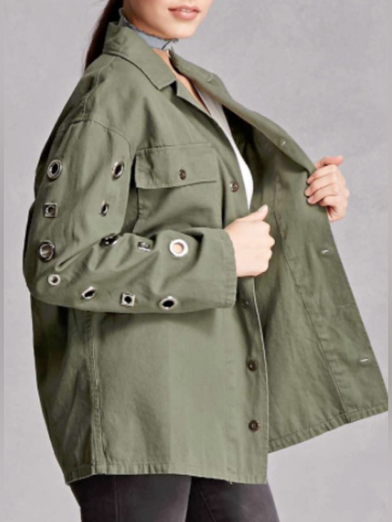 Brooklyn Karma Jackets & Blazers - Brooklyn Karma Women Green Shacket Utility Jacket Geometric Grommets Pockets S